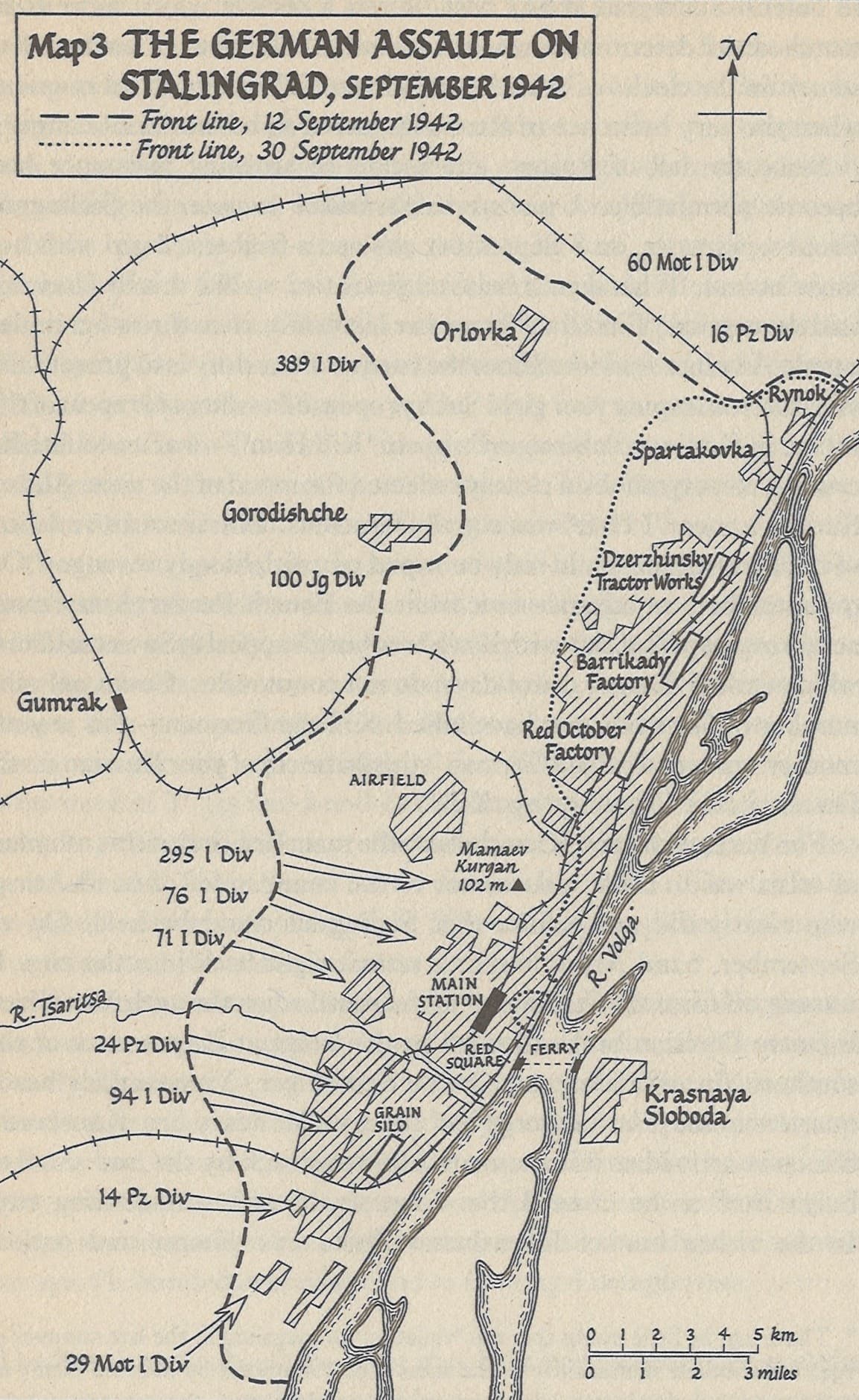 The Axis advance on Stalingrad in September 1942. Only a few square kilometers of the city are still within Soviet control. Image credit: Beevor, Antony, Stalingrad